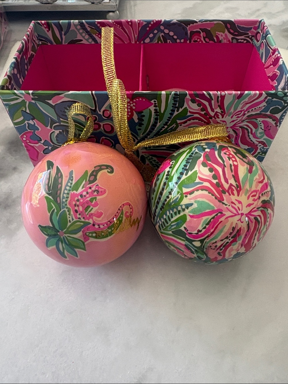 Lilly Pulitzer Pink, Green and Gold Floral Holiday Ornament Pair